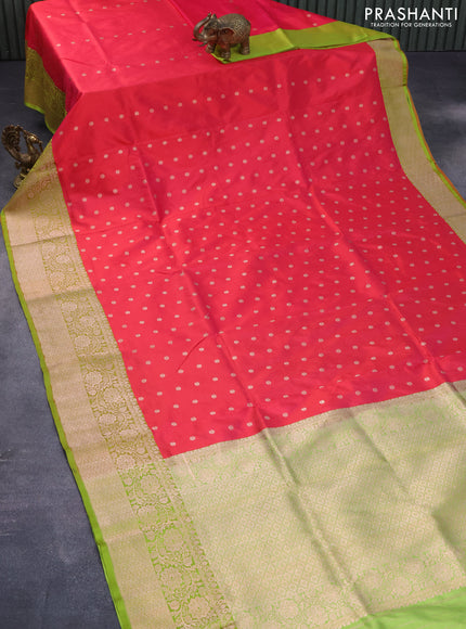 Pure banarasi katan silk saree dual shade of pink and lime green with allover zari woven butta weaves and zari woven border