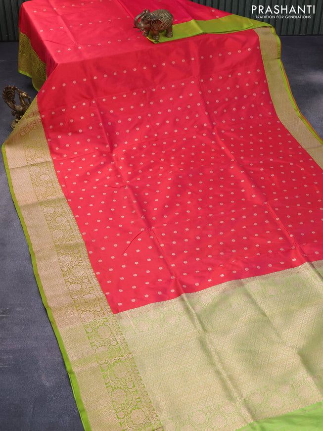 Pure banarasi katan silk saree dual shade of pink and lime green with allover zari woven butta weaves and zari woven border