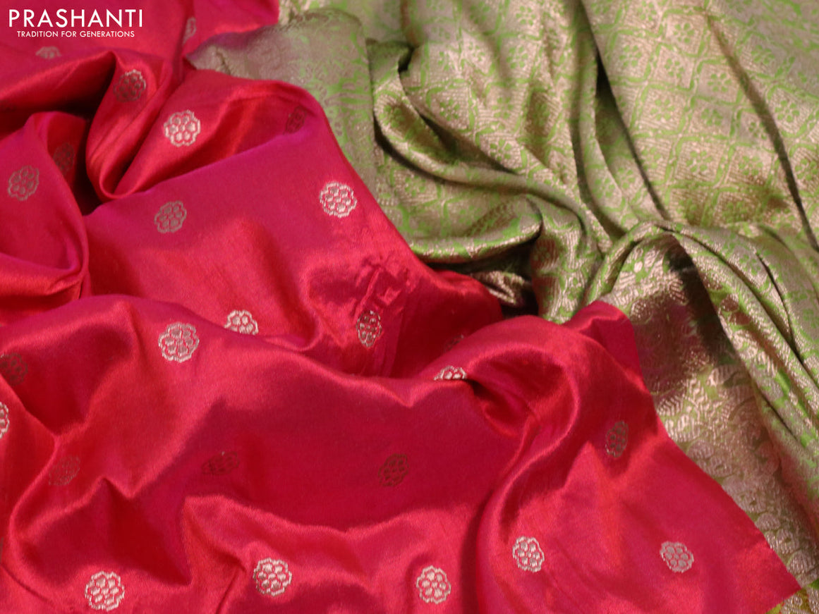 Pure banarasi katan silk saree dual shade of pink and lime green with allover zari woven butta weaves and zari woven border