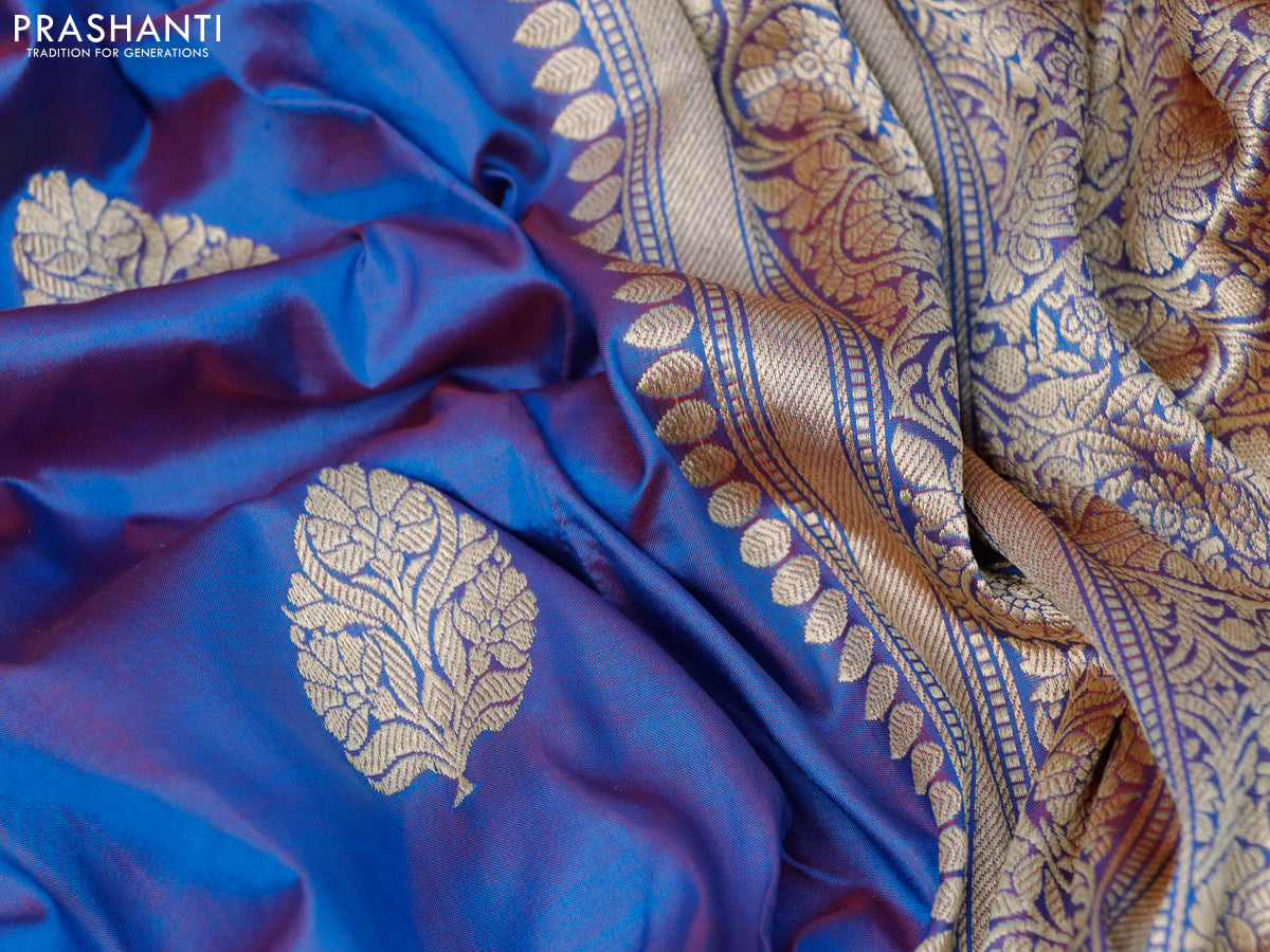 Pure banarasi katan silk saree dual shade of cs blue and maroon shade ...