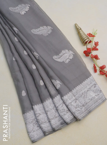 Pure banarasi chiffon silk saree grey with silver zari woven border and silver zari woven border