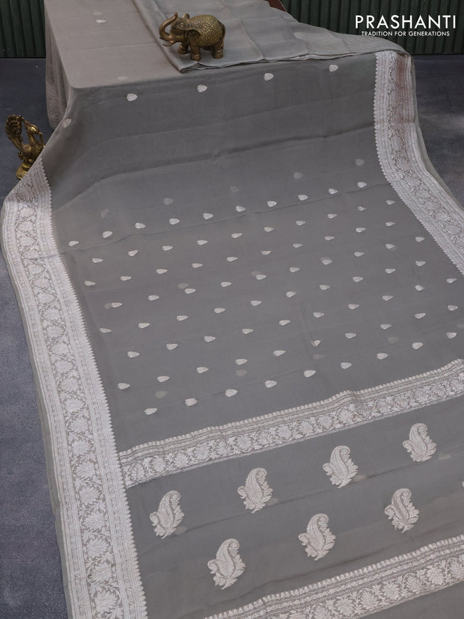 Pure banarasi chiffon silk saree grey with silver zari woven border and silver zari woven border