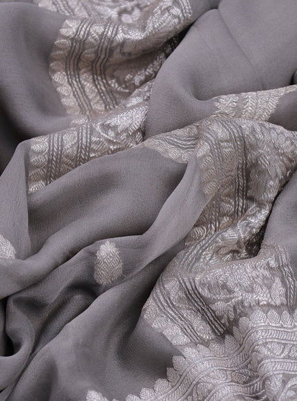 Pure banarasi chiffon silk saree grey with silver zari woven border and silver zari woven border