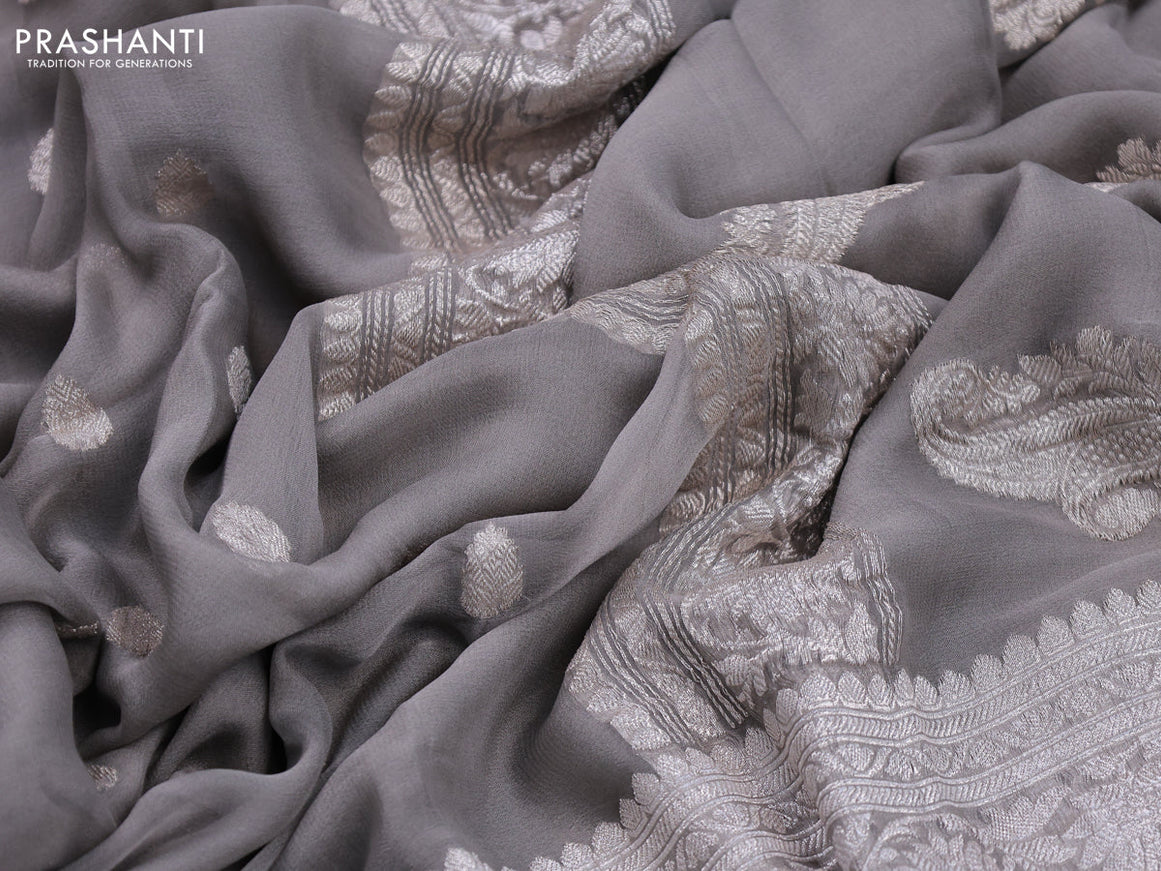 Pure banarasi chiffon silk saree grey with silver zari woven border and silver zari woven border