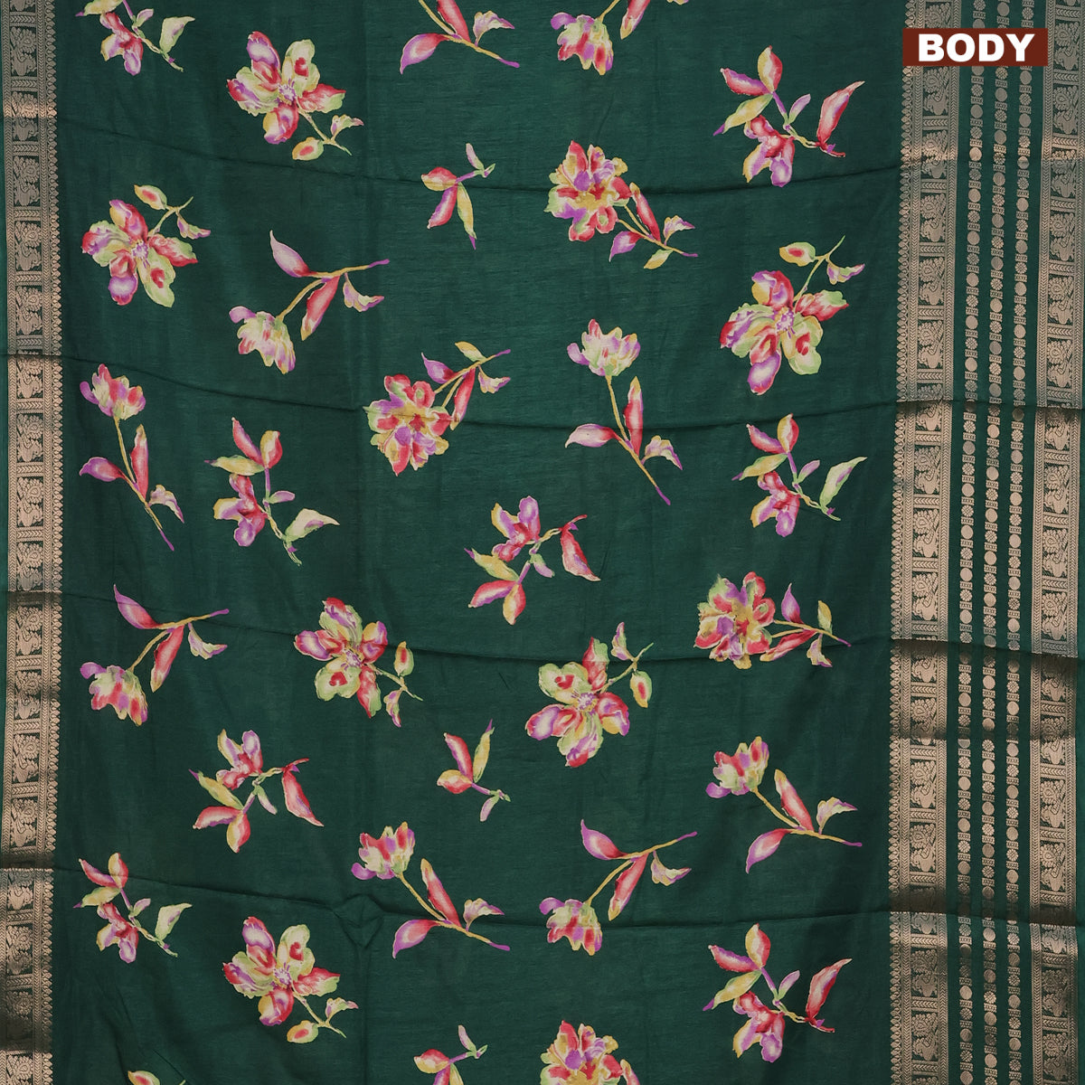 Semi dola saree dark green with allover floral prints and zari woven b ...