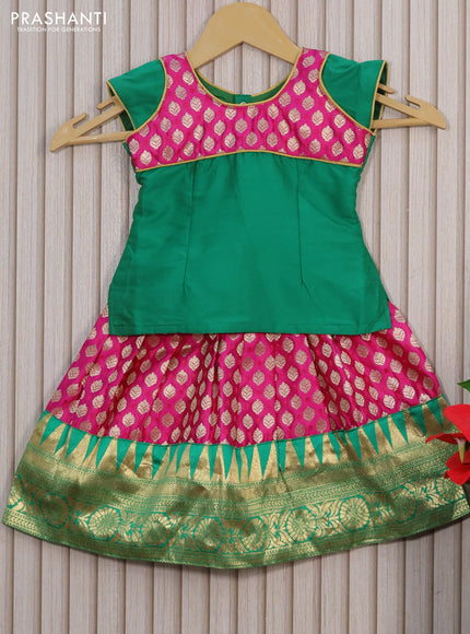 Banarasi kids lehenga green and magenta pink with patch work neck pattern and zari woven buttas & zari border for 0-6 months