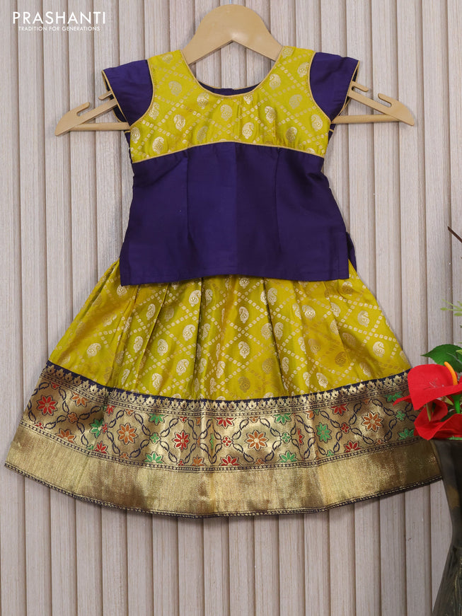 Banarasi kids lehenga navy blue and yellow with patch work neck pattern and zari weaves & zari border for 0-6 months