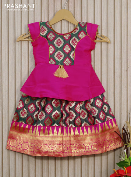 Banarasi kids lehenga pink and peacock green with patch work neck pattern and thread and zari buttas & temple zari border for 1 year