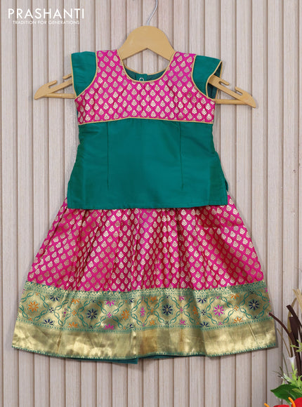 Banarasi kids lehenga teal green and pink with patch work neck pattern and zari woven buttas & zari border for 1 year