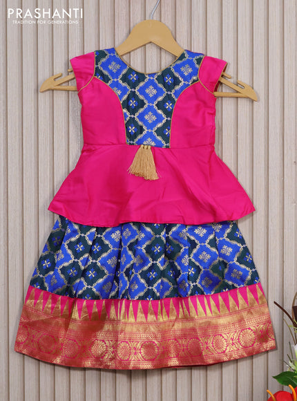 Banarasi kids lehenga pink and green blue with patch work neck pattern and zari weaves & temple zari border for 1 year