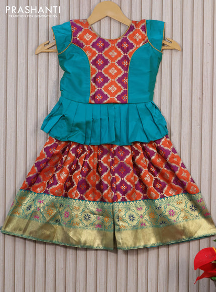 Banarasi kids lehenga teal green and purple with patch work neck pattern and zari weaves & zari border for 2 years