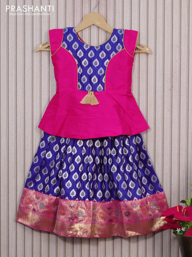 Banarasi kids lehenga pink and blue with patch work neck pattern and silver zari woven buttas & zari border for 3 years