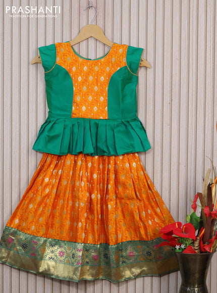 Banarasi kids lehenga teal green and mango yellow with patch work neck pattern and thread and zari weaves & zari border for 4 years