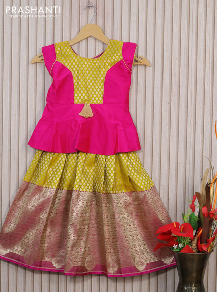 Banarasi kids lehenga pink and lime yellow with patch work neck pattern and zari woven buttas & long zari border for 4 years