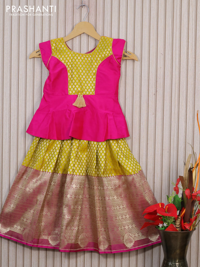 Banarasi kids lehenga pink and lime yellow with patch work neck pattern and zari woven buttas & long zari border for 4 years