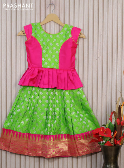 Banarasi kids lehenga pink and parrot green with patch work neck pattern and thread and zari weaves & zari border for 4 years