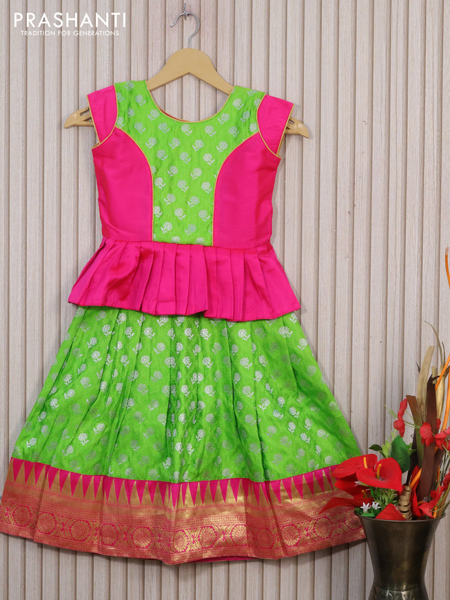 Banarasi kids lehenga pink and parrot green with patch work neck pattern and thread and zari weaves & zari border for 4 years