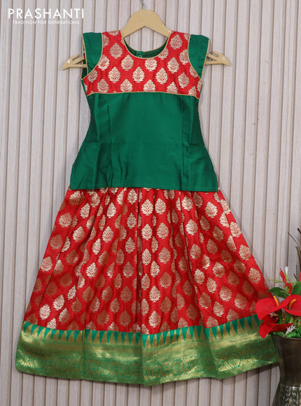 Banarasi kids lehenga green and red with patch work neck pattern and self emboss zari buttas & zari border for 5 years