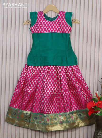 Banarasi kids lehenga teal green and magenta pink with patch work neck pattern and zari woven buttas & zari border for 5 years