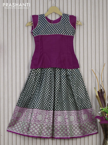 Banarasi kids lehenga dual shade of magenta and bottle green with patch work neck pattern and silver zari woven buttas & long paisley zari border for 6 years