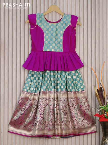 Banarasi kids lehenga magenta pink and teal blue shade with patch work neck pattern and zari woven buttas & long paisley zari border for 6 years