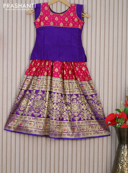 Banarasi kids lehenga violet shade and pink with patch work neck pattern and zari woven buttas & long floral zari border for 6 years