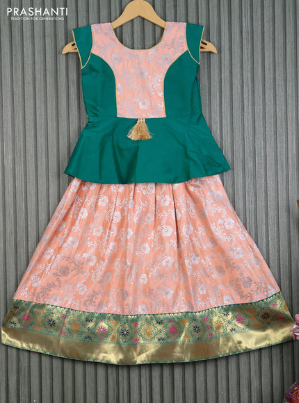 Banarasi kids lehenga teal green and mild peach orange with patch work neck pattern and floral silver zari weaves & zari border for 6 years