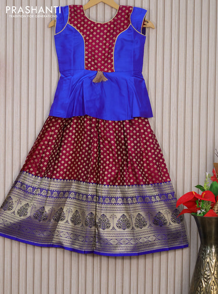 Banarasi kids lehenga blue and dark magenta with patch work neck pattern and zari woven buttas & zari border for 7 years