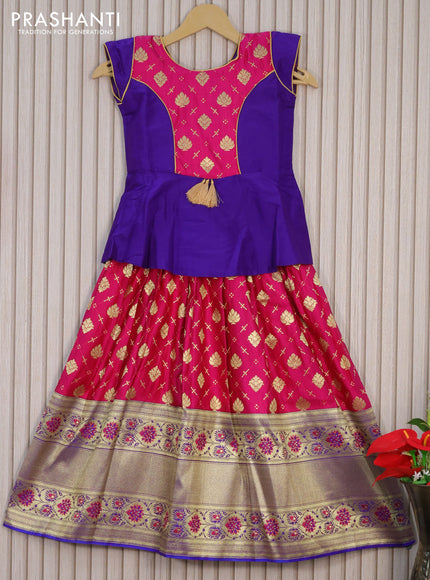 Banarasi kids lehenga violet and pink with patch work neck pattern and zari woven butta weaves & long zari border for 7 years