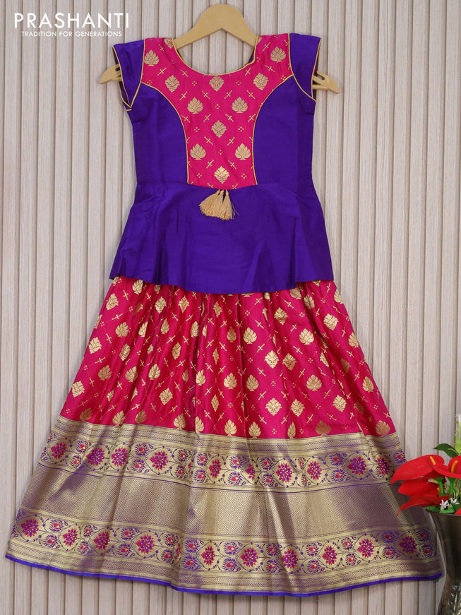 Banarasi kids lehenga violet and pink with patch work neck pattern and zari woven butta weaves & long zari border for 7 years