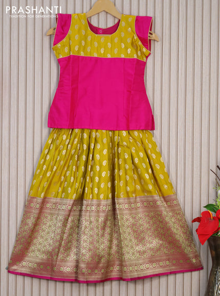 Banarasi kids lehenga pink and yellow with patch work neck pattern and zari woven buttas & long zari border for 7 years