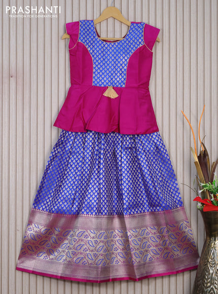 Banarasi kids lehenga purple and blue with patch work neck pattern and zari woven buttas & long paisley zari border for 9 years