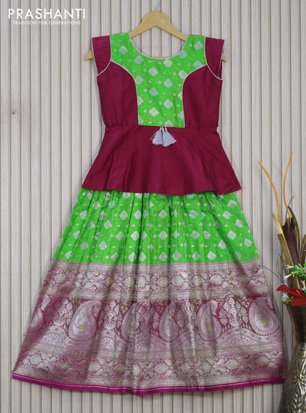 Banarasi kids lehenga dark pink and parrot green with patch work neck pattern and thread weaves silver zari buttas & long silver zari border for 9 years