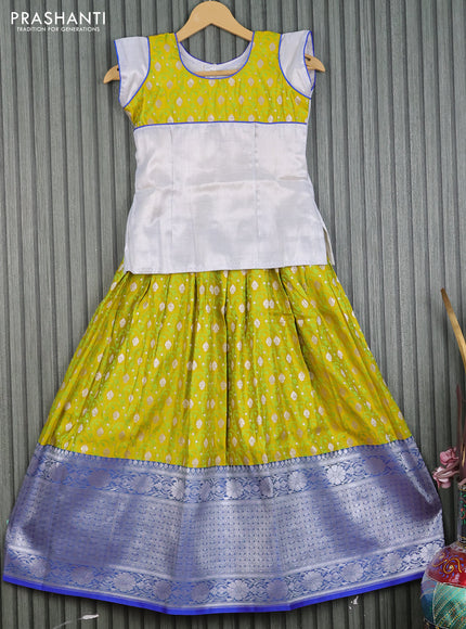 Banarasi kids lehenga pastel grey and lime yellow blue with patch work neck pattern and thread weaves silver zari buttas & long silver zari border for 9 years