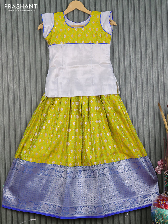 Banarasi kids lehenga pastel grey and lime yellow blue with patch work neck pattern and thread weaves silver zari buttas & long silver zari border for 9 years