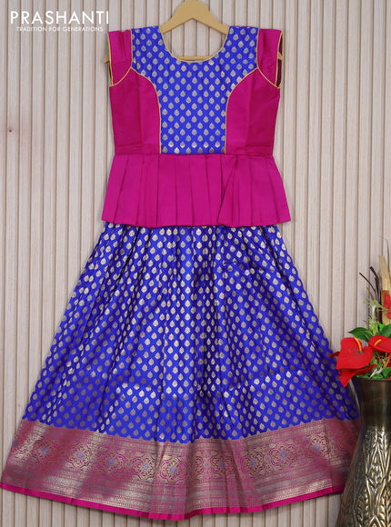 Banarasi kids lehenga magenta pink and blue with patch work neck pattern and zari woven buttas & long zari border for 10 years