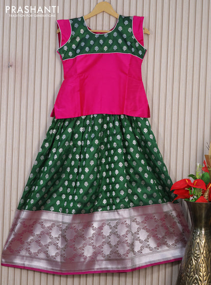 Banarasi kids lehenga pink and green with patch work neck pattern and silver zari buttas & long zari border for 10 years