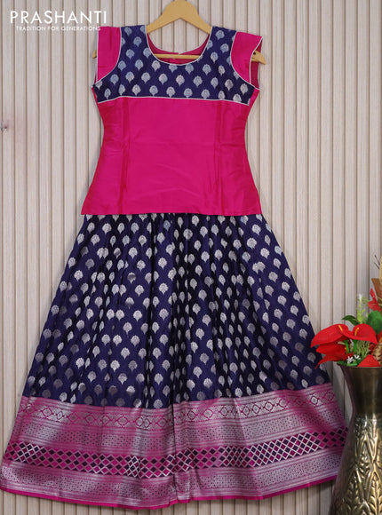 Banarasi kids lehenga pink and navy blue with patch work neck pattern and silver zari buttas & long zari border for 10 years