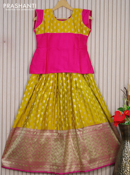 Banarasi kids lehenga pink and lime yellow with patch work neck pattern and zari woven buttas & long zari border for 10 years