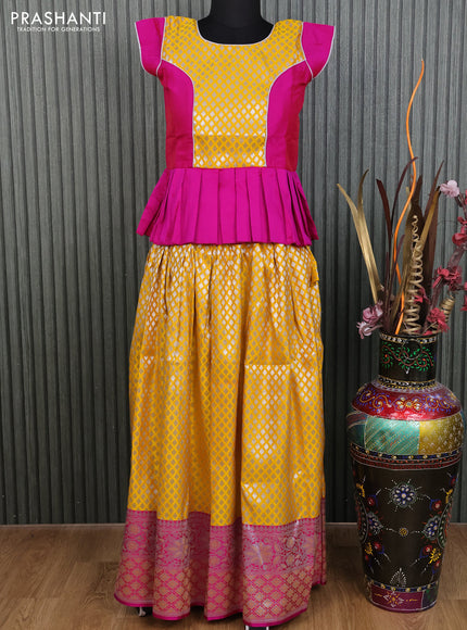 Banarasi kids lehenga pink and mango yellow with patch work neck pattern and silver zari woven buttas & long zari border for 11 years