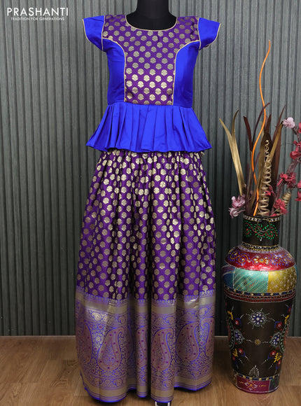 Banarasi kids lehenga blue and deep violet with patch work neck pattern and zari woven buttas & long zari border for 11 years