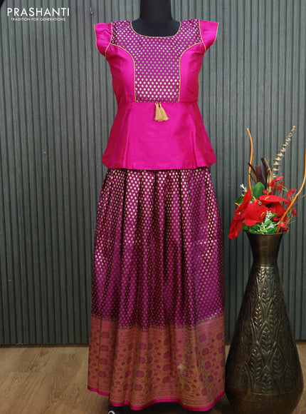 Banarasi kids lehenga magenta pink and purple with patch work neck pattern and zari woven buttas & long zari border for 11 years