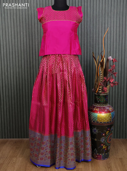 Banarasi kids lehenga pink and blue with patch work neck pattern and zari woven buttas & long zari border for 11 years