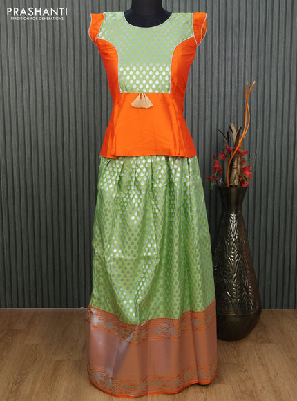 Banarasi kids lehenga orange and pista green with patch work neck pattern and zari woven buttas & long silver zari border for 12 years