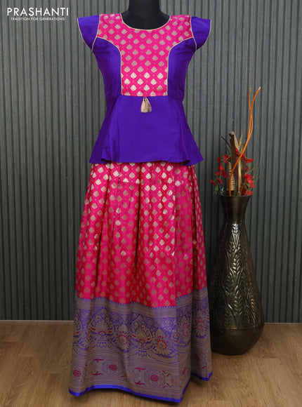 Banarasi kids lehenga violet shade and pink with patch work neck pattern and thread zari weaves & long silver zari border for 12 years