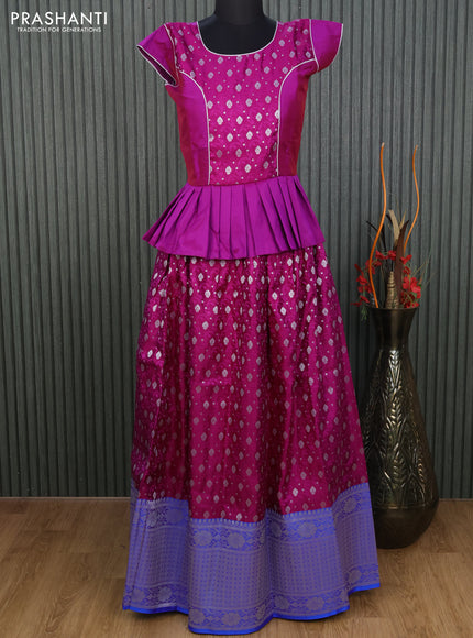 Banarasi kids lehenga purple and blue with patch work neck pattern and silver zari woven buttas & long zari woven border for 13 years