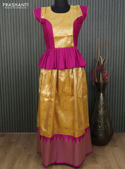 Banarasi kids lehenga pink and mango yellow with patch work neck pattern and zari weaves & long zari border for 13 years