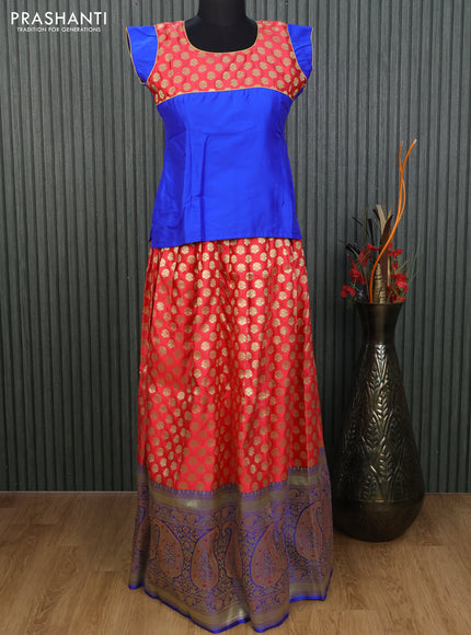 Banarasi kids lehenga blue and red with patch work neck pattern and zari woven buttas & long zari woven border for 14 years