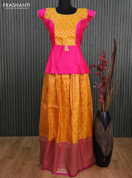 Banarasi kids lehenga pink and mango yellow with patch work neck pattern and zari weaves & long zari border for 15 years