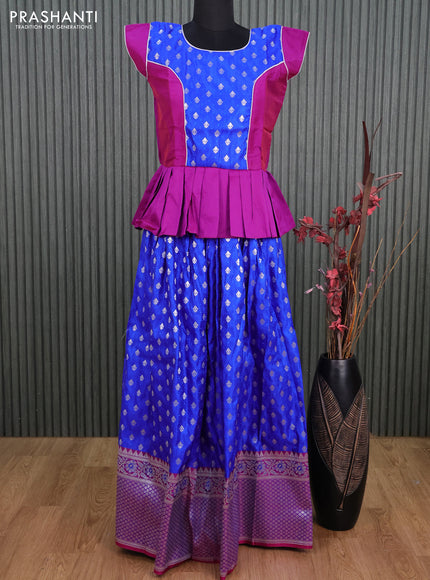 Banarasi kids lehenga purple and blue with patch work neck pattern and silver zari butta weaves & long silver zari border for 15 years